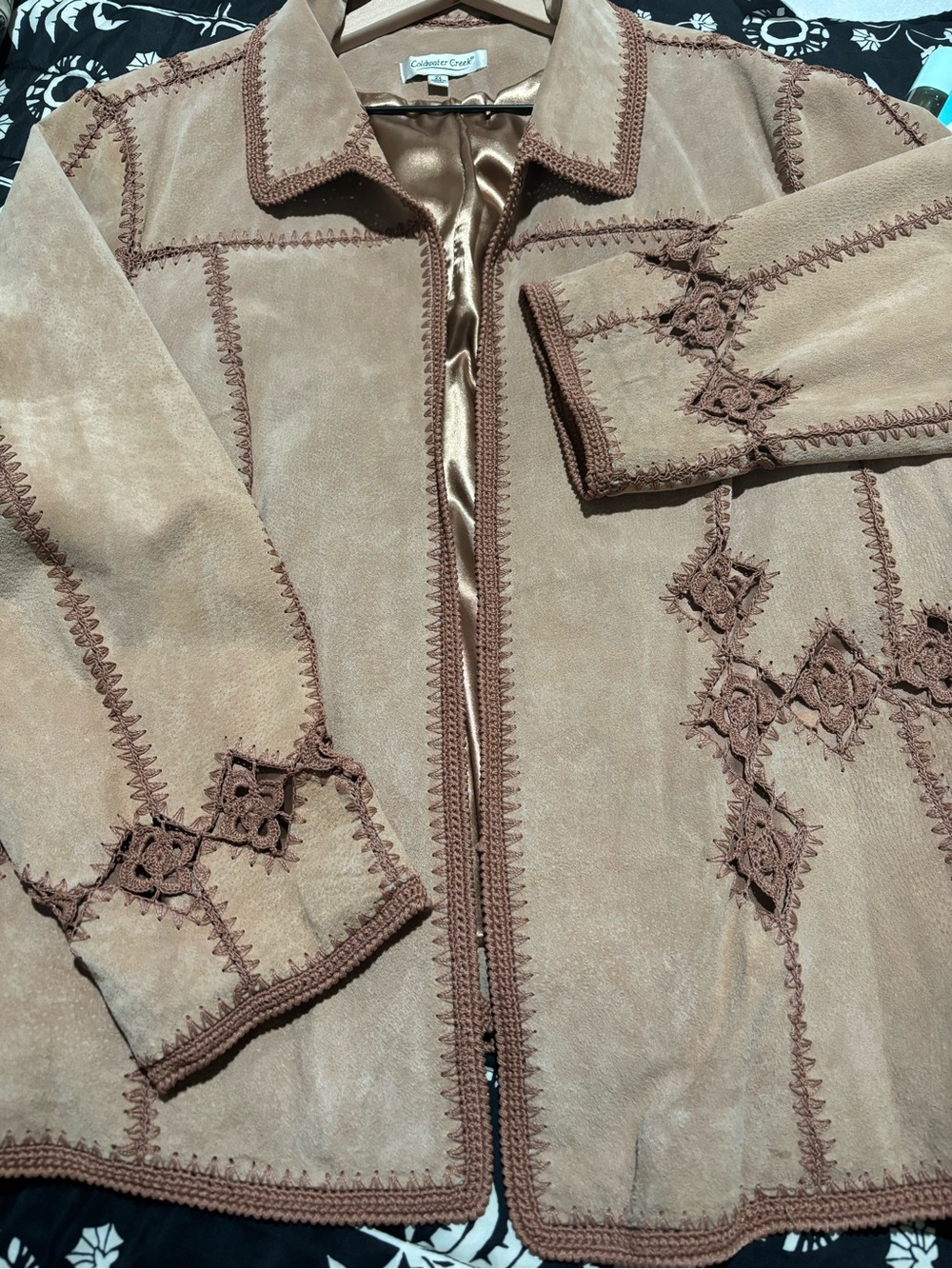 Vintage Coldwater Creek Brown Suede Crochet-Trim Jacket